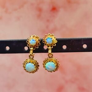 Vintage 14k Gold Filigree Opal Drop Earrings Renaissance Style